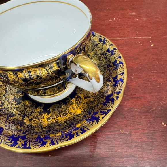 Vintage 1940s Aynsley Tea Cup & Saucer Set Cobalt Blue Gold Lace Fine Bone China - Picture 5 of 16